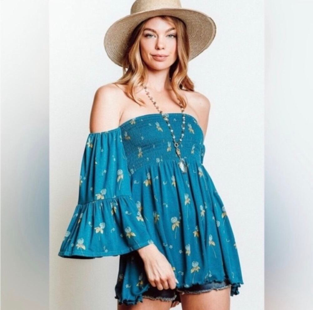 Free People Lana Smocked Off Shoulder Mermaid Blue Tunic Top Medium NEW NWT